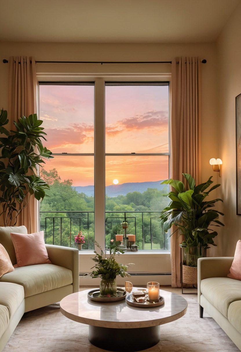 A beautifully styled modern living area with soft lighting, plush furnishings, and elegant decorations that evoke romance. Include elements like a cozy fireplace, lush plants, and a glass of wine on a chic coffee table. The color palette should feature warm and inviting tones, with hints of gold and blush. A serene window view showing a sunset can add to the ambiance. super-realistic. warm colors. soft focus.
