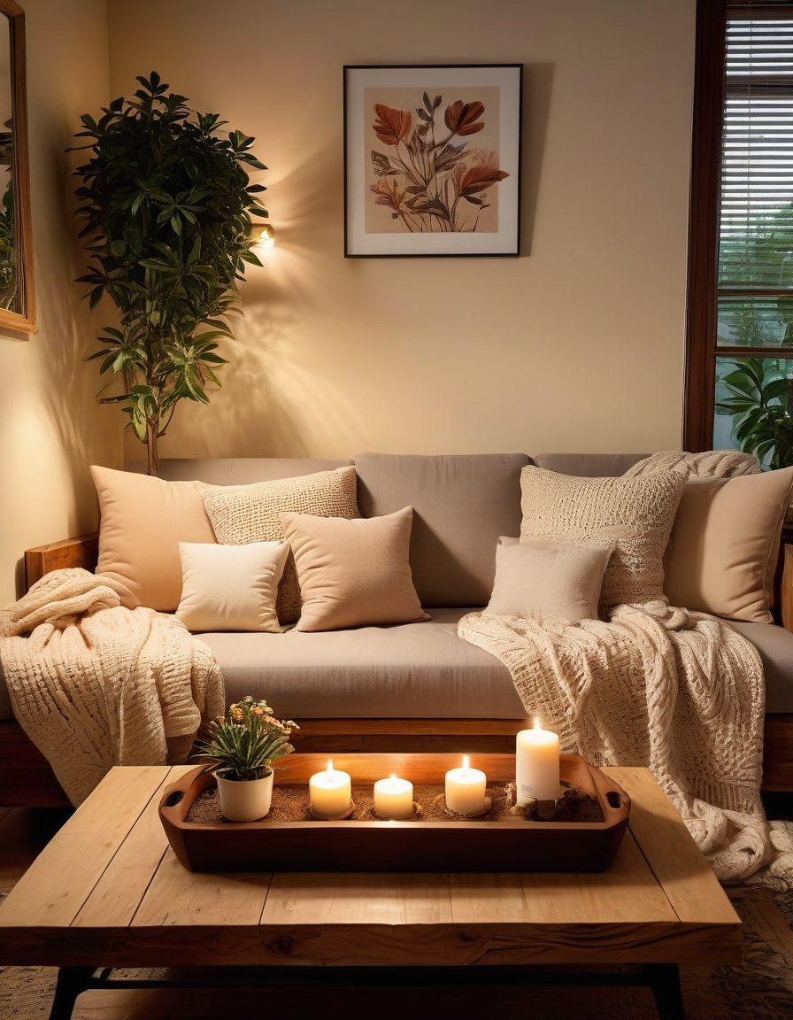 A beautifully styled cozy love nest featuring a plush sofa adorned with soft throw pillows, a warm knitted blanket, and a wooden coffee table with candles and flowers. The ambiance should be inviting, with soft lighting, romantic artwork on the walls, and lush indoor plants. Incorporate modern chic furnishings and hints of natural elements to create a serene yet stylish atmosphere. super-realistic. warm tones. soft lighting.