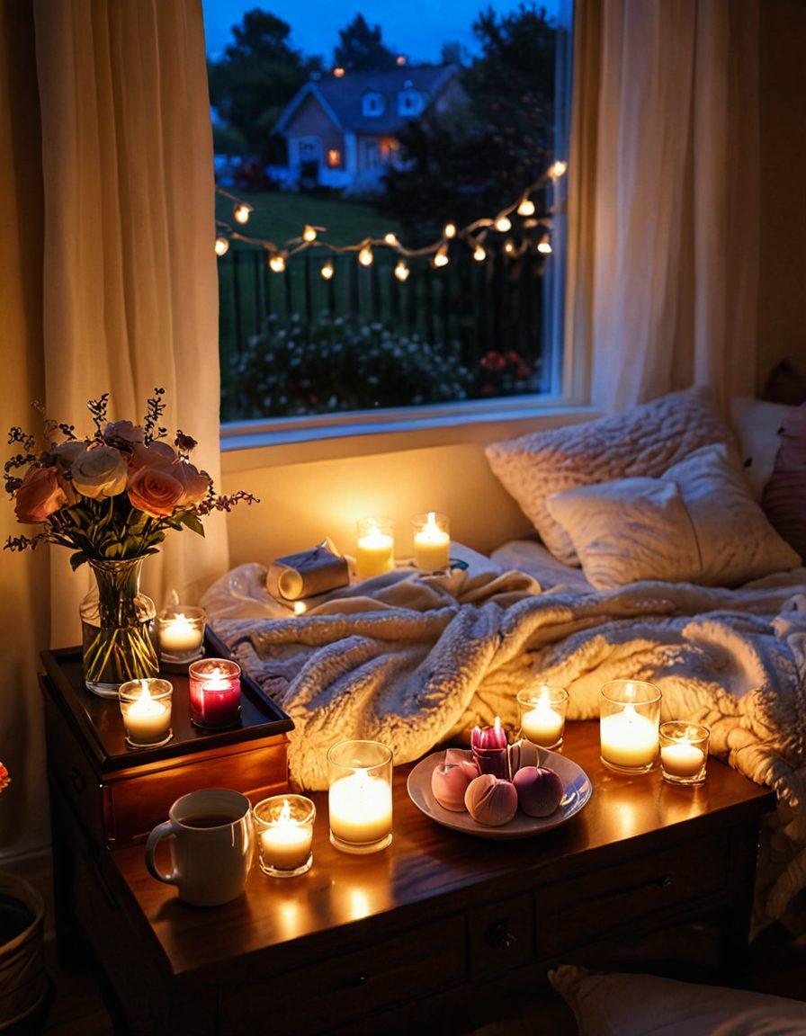 A beautifully arranged cozy love nest with plush pillows, soft blankets, and warm candlelight casting a romantic glow. Include a small coffee table with a steaming cup of tea and delicate flowers in a vase, surrounded by ambient fairy lights. The scene should evoke feelings of warmth and intimacy in a softly lit room. super-realistic. warm colors. soft focus.